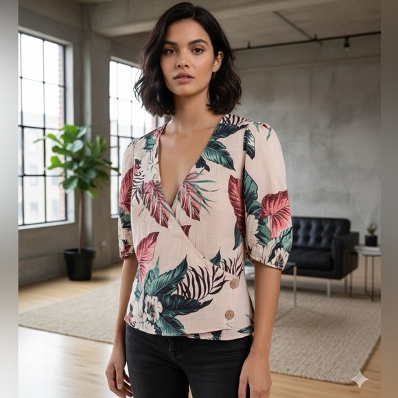 Zara Linen wrap blouse puff sleeve pink tropical print - Picture 2 of 13